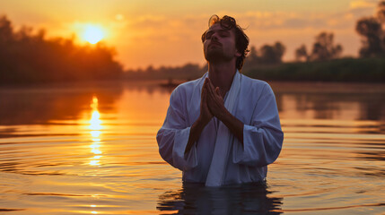 A young man wearing a white robe, standing in the river water after the baptism, praying with clasped hands and closed eyes, looking up to the sky. Sunset time. Male Christian person religious ritual - obrazy, fototapety, plakaty