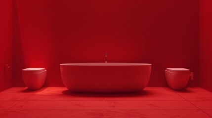 Modern red bathroom interior with white bathtub, toilet, and bidet - obrazy, fototapety, plakaty