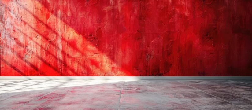 A room featuring a striking red wall contrasting with a clean white floor. The bold colors create a dynamic visual impact in the space.