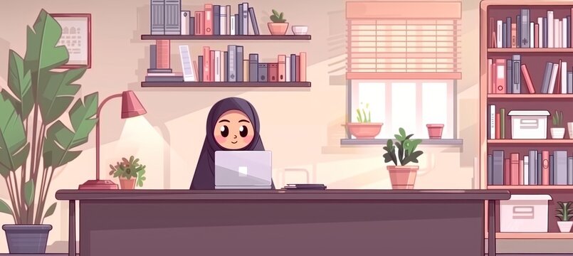 Professional arab female entrepreneur in hijab working on laptop in office environment