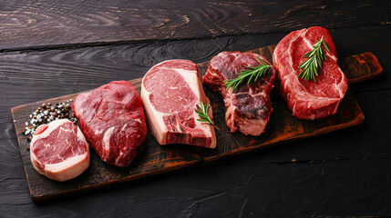Variety of Raw Black Angus Prime meat steaks Machete, Blade on bone. Generative Ai