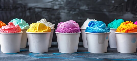 Italian sorbet ice cream in paper cups with space for text, a delightful frozen treat. - obrazy, fototapety, plakaty
