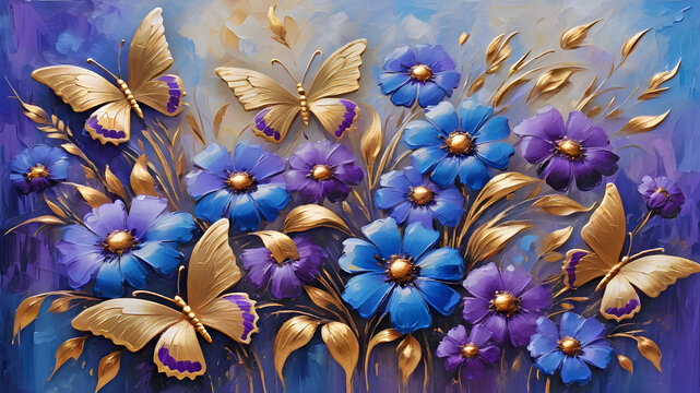floral blue purple background painted with oil paints and gold butterflies