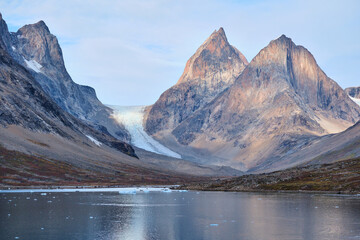 Dramatic mountain peaks and glacier.  Dronning Marie Dal, Skoldungen, Greenland