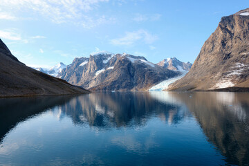 Fototapeta na wymiar Glaciated mountains and fjord near Skoldungen, East Greenland