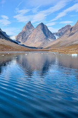 Almost symmetrical:  mountains and glaciers reflected in Skoldungen fjord, Greenland.