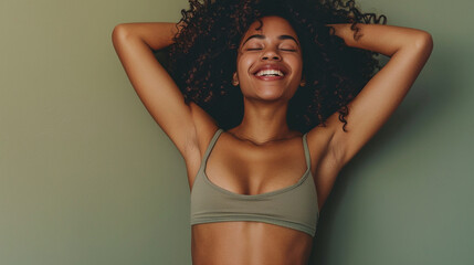 A candid and unaltered cropped photograph capturing the happiness of a girl as she shows off her healthy and toned tummy, achieved through mindful eating and exercise. Generative AI - obrazy, fototapety, plakaty
