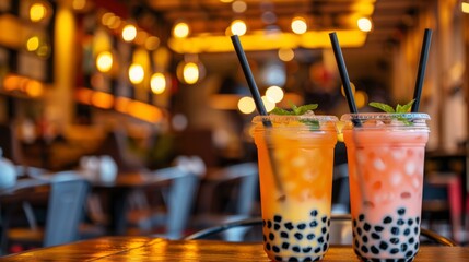 Assorted tapioca bubble teas on blurred coffee shop background with space for text