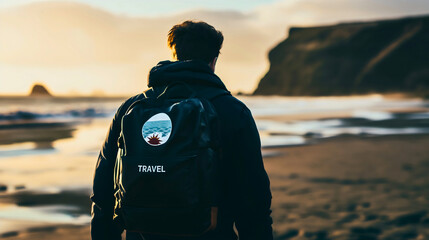 Rearview of a young man wearing a jacket and a black backpack, walking on the sand beach of the sea or ocean water at the sunset, traveling and exploring, summer adventure, tourist freedom outdoors - obrazy, fototapety, plakaty