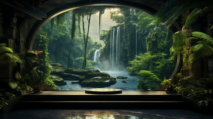 Background of an immersive landscape seen from inside a home, wallpaper format.