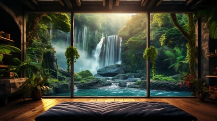 Background of an immersive landscape seen from inside a home, wallpaper format.