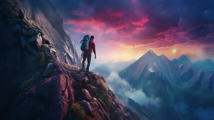 Person on the top of mountain, wallpaper format.