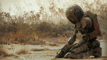 Naklejka premium A battle-worn robot warrior kneeling in a desolate wasteland, reflecting on past conflicts and a lost purpose