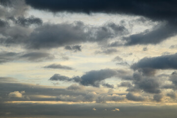 Naklejka na ściany i meble Horizontal photo of blue clouds in cloudy weather. Aesthetic neutral photo. 