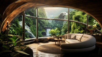 Living room of a house with a view of the jungle, wallpaper format.