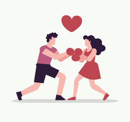 Young cartoon couple sharing heart shapes. Man in shorts and woman in dress showing affection. Love concept and romantic relationship vector illustration.