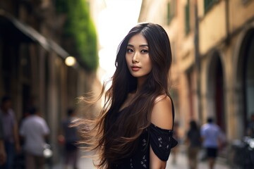 Beautiful asian woman with long hair walking in the city. Asian woman walking through the streets of Europe. Travel concept.