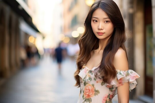 Fototapeta Portrait of young beautiful asian woman in the city street. Asian woman walking through the streets of Europe. Travel concept.
