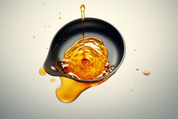 a drop of honey in a black bowl.