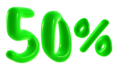 50 percent with green color isolated on transparent background for sale, discount, promotion and business concept 