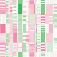 Seamless repeating pattern of a flat vector patchwork of stripes in pink, green, and white.
