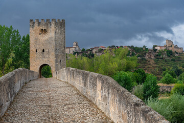 Fototapeta na wymiar Frías Medieval Bridge, 13th Century Gothic Style, Ebro River, Frías Medieval Town, Historic Artistic Grouping, Las Merindades, Burgos, Castilla y León, Spain, Europe