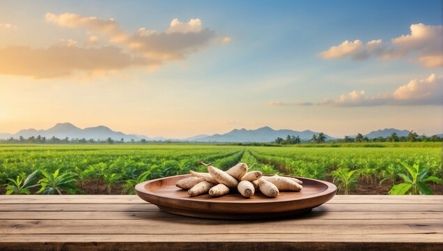 Empty wooden table for product display with cassava field background