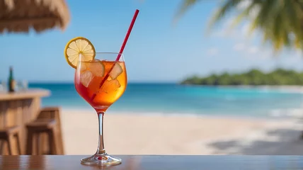 Fotobehang Un cocktail alcoolisé avec une rondelle de citron posé sur un comptoir de bar sur une plage de sable exotique avec des palmiers, un grand ciel bleu et un magnifique lagon bleu turquoise © infographiste06