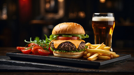 Un burger gourmet avec des frites, des tomates, de la salade et un verre à bière dans un plateau en ardoise posé sur la table en bois d'un restaurant - obrazy, fototapety, plakaty