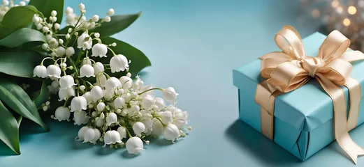Fotobehang Un bouquet de muguet pour la fête du travail le 1er Mai avec un cadeau bleu décoré avec un ruban doré dans une ambiance festive sur un fond bleu turquoise © infographiste06