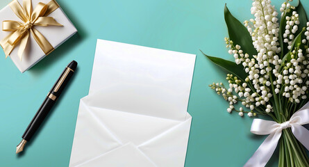 Un bouquet de muguet pour la fête du travail le 1er Mai avec une carte et une enveloppe, un stylo à plume et un cadeau blanc décoré avec un ruban doré sur un fond bleu turquoise