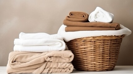 Fototapeta na wymiar Wicker basket with clean towels on table in bathroom, closeup