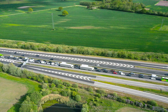Aerial view of traffic on highway E20 in Denmark on a summer day
