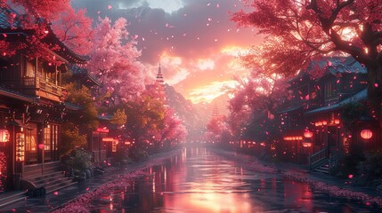 Day in a Shonen village with sakura full bloom - obrazy, fototapety, plakaty
