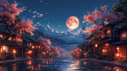 NIght in the japanese village Full moon - obrazy, fototapety, plakaty