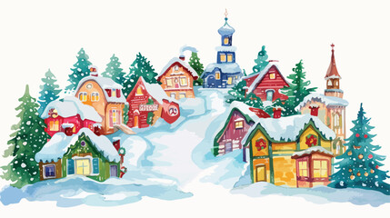 Watercolor Christmas village with colorful houses 