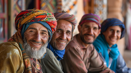 Group of Moroccan middle aged men sitting outside. Villagers in a Morocco town. - obrazy, fototapety, plakaty