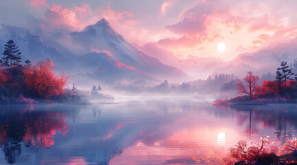 an art print of a painting of a lake and vegetation on, in the style of soft gradients, romantic...