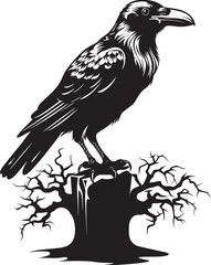 Mysterious Ravens Perch Vector Skull Logo Grim Raven atop Skull Vector Graphic Design