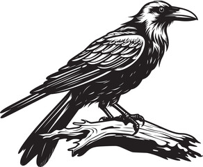 Shadowed Raven Artwork Perched Skull Emblem Sinister Raven Illustration Skull Vector Design