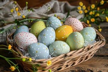 Obraz na płótnie Canvas A charming wicker basket filled with speckled Easter eggs surrounded by yellow spring flowers
