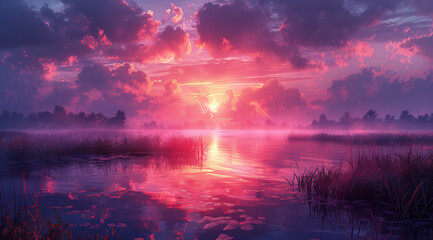 an art print of a painting of a lake and vegetation on, in the style of soft gradients, romantic illustration, light violet, 8k resolution, fictional landscapes, smokey background, light red and sky-b - obrazy, fototapety, plakaty