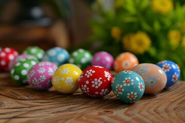 Fototapeta na wymiar Vibrant and patterned Easter eggs arranged on a rustic wood table, symbolizing spring and Easter traditions