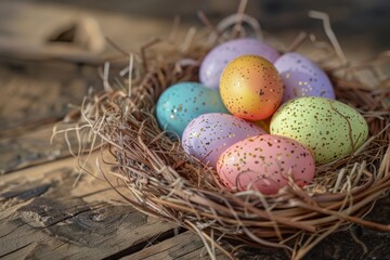 Naklejka na ściany i meble Soft pastel-colored Easter eggs placed carefully in a rustic twig basket on a textured wooden background