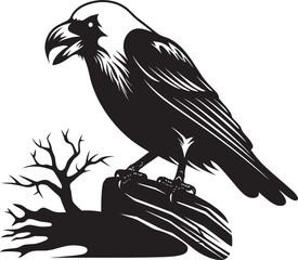 Fototapeta premium Dark Raven Perched on Skull Logo Vector Graphic Illustration Sinister Raven and Skull Icon Vector Logo Design