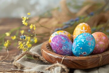 Beautiful blue patterned Easter eggs placed on a woven plate, accompanied by sprigs of yellow flowers