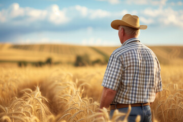 Rear view of a farmer in a straw hat standing in a wheat field, with a vast expanse of golden crops extending to the horizon under a blue sky, ideal for agriculture and farming themes. High quality