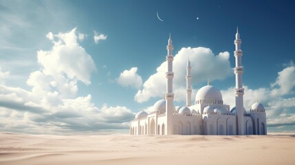 White mosque in the desert with blue sky behind