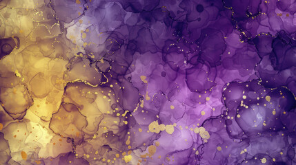 Beautiful alcohol ink style background in purple and gold. Template for invitation or creative backdrop, banner