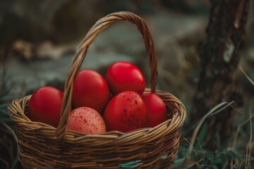 Fototapeta na wymiar A serene setting featuring a rustic wicker basket filled with red eggs amongst the tranquility of a forest